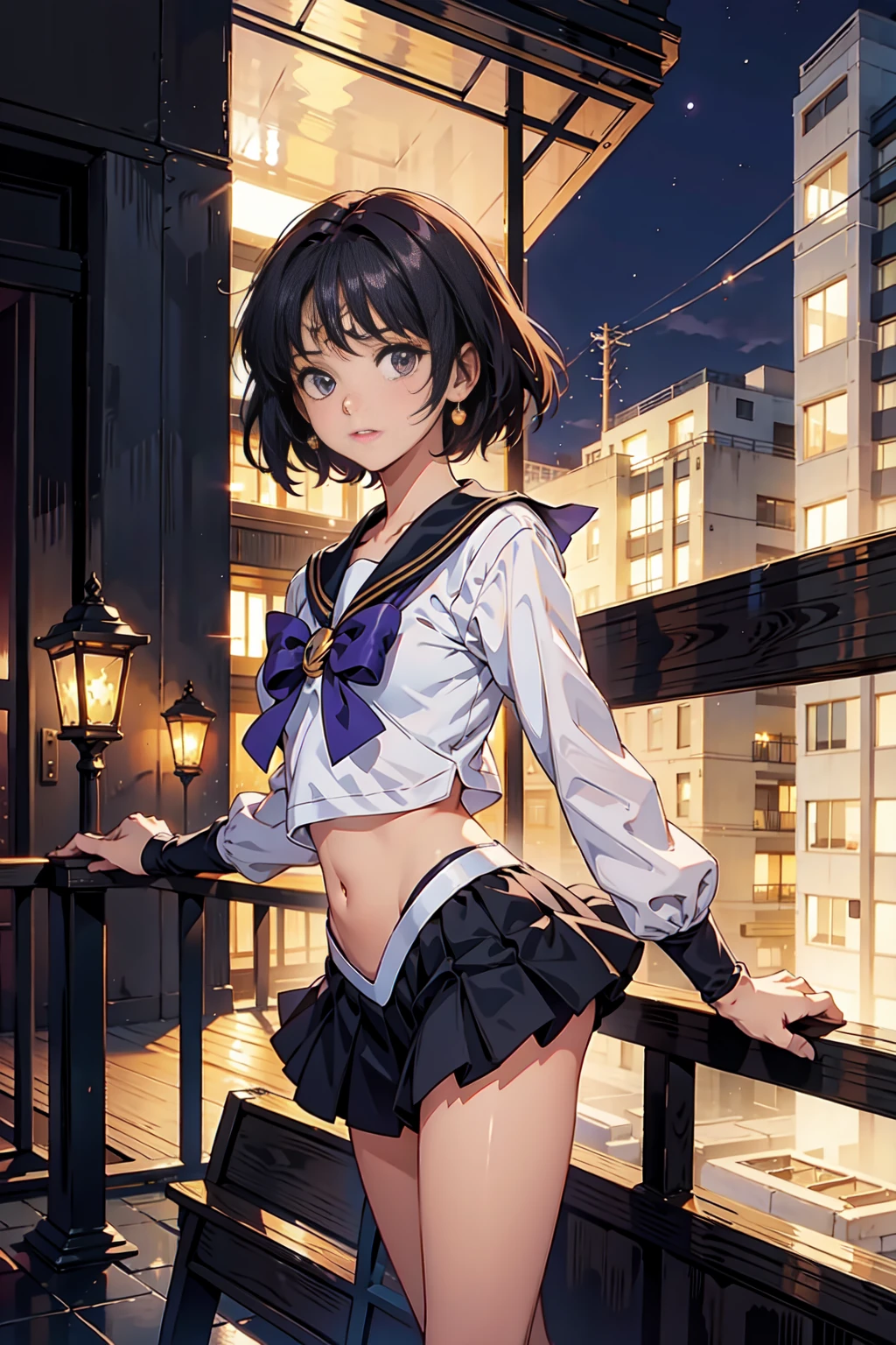 Sailor Saturn (Sailor Moon Anime), standing in a balcony at night, <lora:GoodHands-, <lora:GoodLegs-, UHD, high resolution, (expressive eyes, perfect face, full body, expressive face, perfect body, perfect pussy, athletic, fit, slim body, blushing, Perfect makeup, eyeliner, beautiful eyelashes, smiling, horny face), ((best illumination, best shadows)), ((sexy pose)), brooch, white gloves, choker, skirt, star (symbol), purple footwear, knee boots, star brooch, earrings, sailor collar, bow, cross-laced footwear, pleated skirt, brown bow, gloves, elbow gloves, purple skirt, jewelry, boots, back bow, lace-up boots, magical girl, star choker, purple sailor collar, purple eyes, black hair, short hair, EPsmSailorSaturn, sailor_saturn, sailor senshi uniform, tiara, sailor saturn