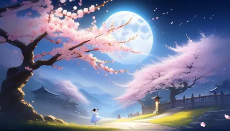 (masterpiece, best quality:1.2), dancing cherry blossoms,full moon backlighting, light coming in, fantastic atmosphere.