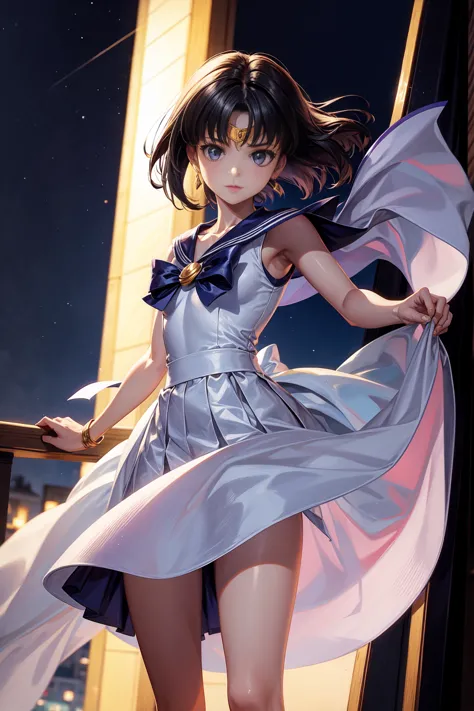 Sailor Saturn (Sailor Moon Anime), standing in a balcony at night, <lora:GoodHands-, <lora:GoodLegs-, UHD, high resolution, (exp...