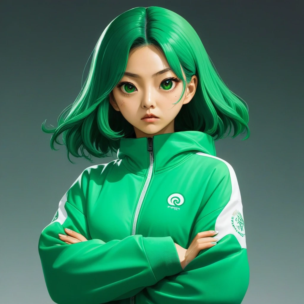 Kang Sae-byeok, Squid Game, Jung Ho-yeo, holding a knife with her hand, wearing a green squidgame tracksuit, simple background, evil expression, shes an amoral thief
