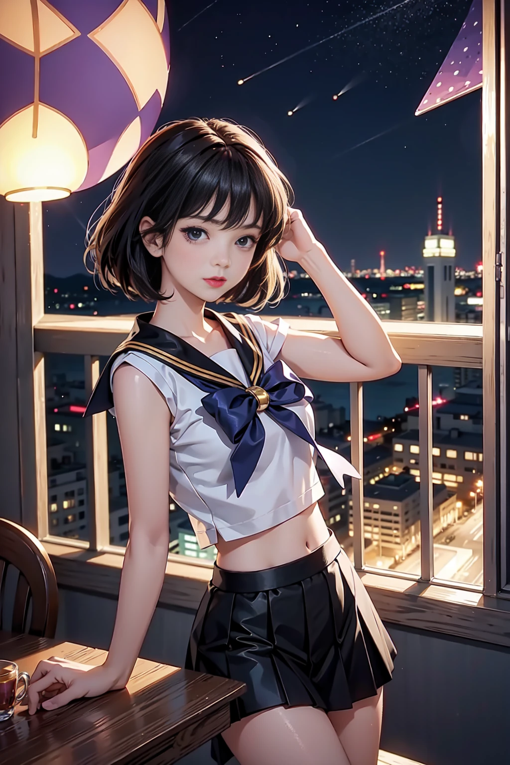 Sailor Saturn (Sailor Moon Anime), standing in a balcony at night, <lora:GoodHands-, <lora:GoodLegs-, UHD, high resolution, (expressive eyes, perfect face, full body, expressive face, perfect body, perfect pussy, athletic, fit, slim body, blushing, Perfect makeup, eyeliner, beautiful eyelashes, smiling, horny face), ((best illumination, best shadows)), ((sexy pose)), brooch, white gloves, choker, skirt, star (symbol), purple footwear, knee boots, star brooch, earrings, sailor collar, bow, cross-laced footwear, pleated skirt, brown bow, gloves, elbow gloves, purple skirt, jewelry, boots, back bow, lace-up boots, magical girl, star choker, purple sailor collar, purple eyes, black hair, short hair, EPsmSailorSaturn, sailor_saturn, sailor senshi uniform, tiara, sailor saturn