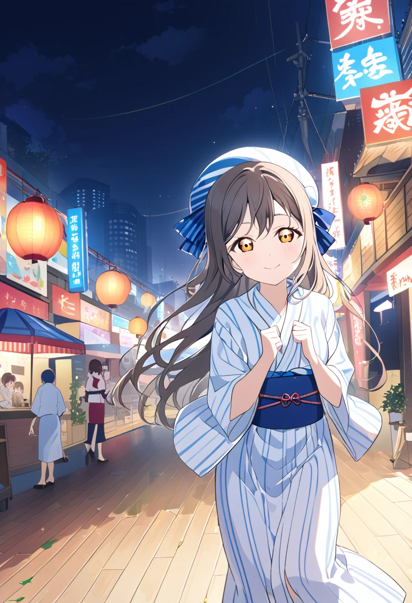 １people々 girl　Shizuku Sakurazaka　lovelive　Brown Hair　Very long hair　yukata　fan　Night view　rain　Light blue umbrella　Big Red、Blue hair ribbon　smile　uniform

