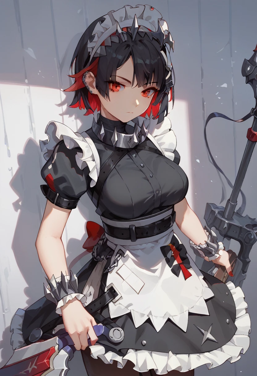 ((best quality)), ((Masterpiece)), (details), best art style,1girl, solo, breasts, looking at viewer, short hair, black hair, red eyes, dress, holding, short sleeves, pantyhose, red hair, multicolored hair, belt, apron, maid, maid headdress, shadow, piercing, red nails, red
