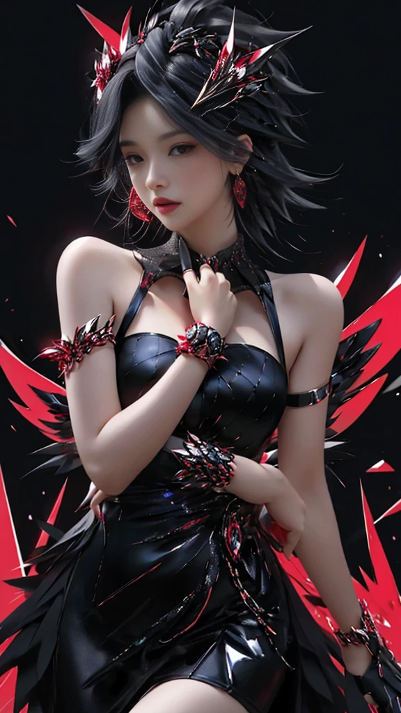  該圖像是一位身穿黑色連身裙、打著黑色領帶的女性的數位藝術作品, 紅色背景，手腕上戴著手錶.