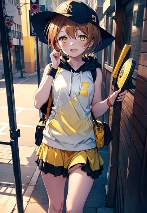 rin hoshizora (yellow eyes:1.5), hair between the eyes, brown hair,short hair,blush,happy smile, smile, open your mouth,baseball...