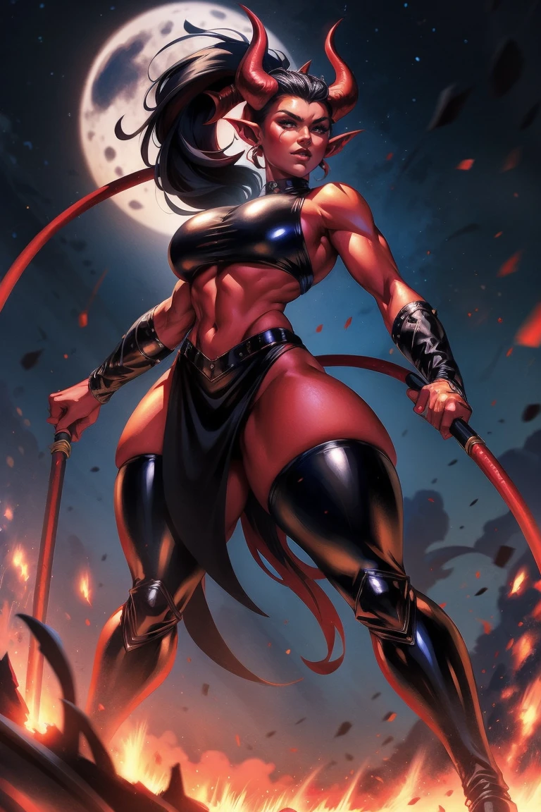 Red skin succubus tiefling, medium breasts, big thighs, black horns, wings, huge tail, black leather, crop top, long flowing pelvic curtain, tall, athletic, graceful, thin, long black ponytail. Action scene, whip. Dark scene, explosions, night sky.