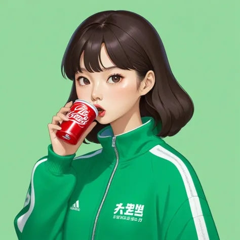 kang sae-byeok, squid game, jung ho-yeo,drinking soda, wearing a green squidgame tracksuit, simple background, evil expression, ...