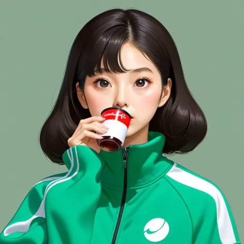 kang sae-byeok, squid game, jung ho-yeo,drinking soda, wearing a green squidgame tracksuit, simple background, evil expression, ...