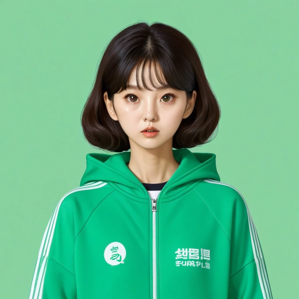 Kang Sae-byeok, Squid Game, Jung Ho-yeo,drinking soda, wearing a green squidgame tracksuit, simple background, evil expression, shes an amoral thief
