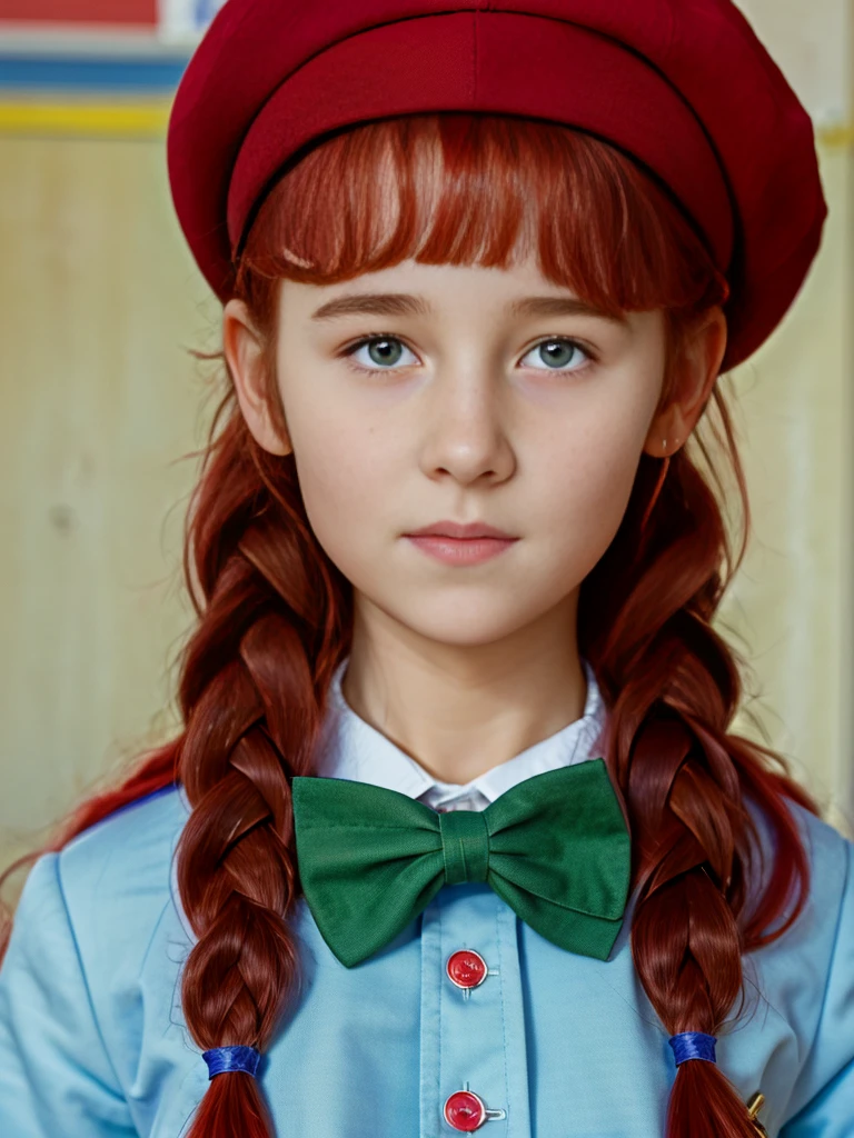 (best quality,4k,8k,highres,masterpiece:1.2),ultra-detailed,(realistic,photorealistic,photo-realistic:1.37), ((a school girl in classroom, she wears uniform and beret, shy, braided red hair)), ((slim body, very large bust size for her young age))