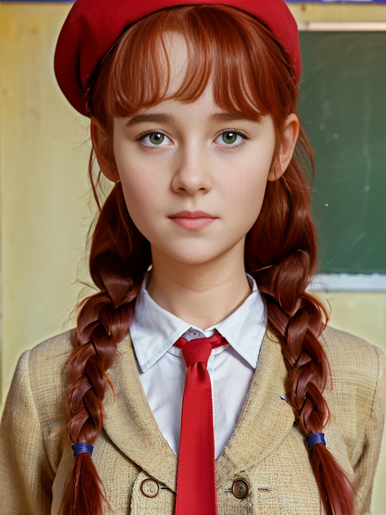 (best quality,4k,8k,highres,masterpiece:1.2),ultra-detailed,(realistic,photorealistic,photo-realistic:1.37), ((a school girl in classroom, she wears uniform and beret, shy, braided red hair)), ((slim body, very large bust size for her young age))