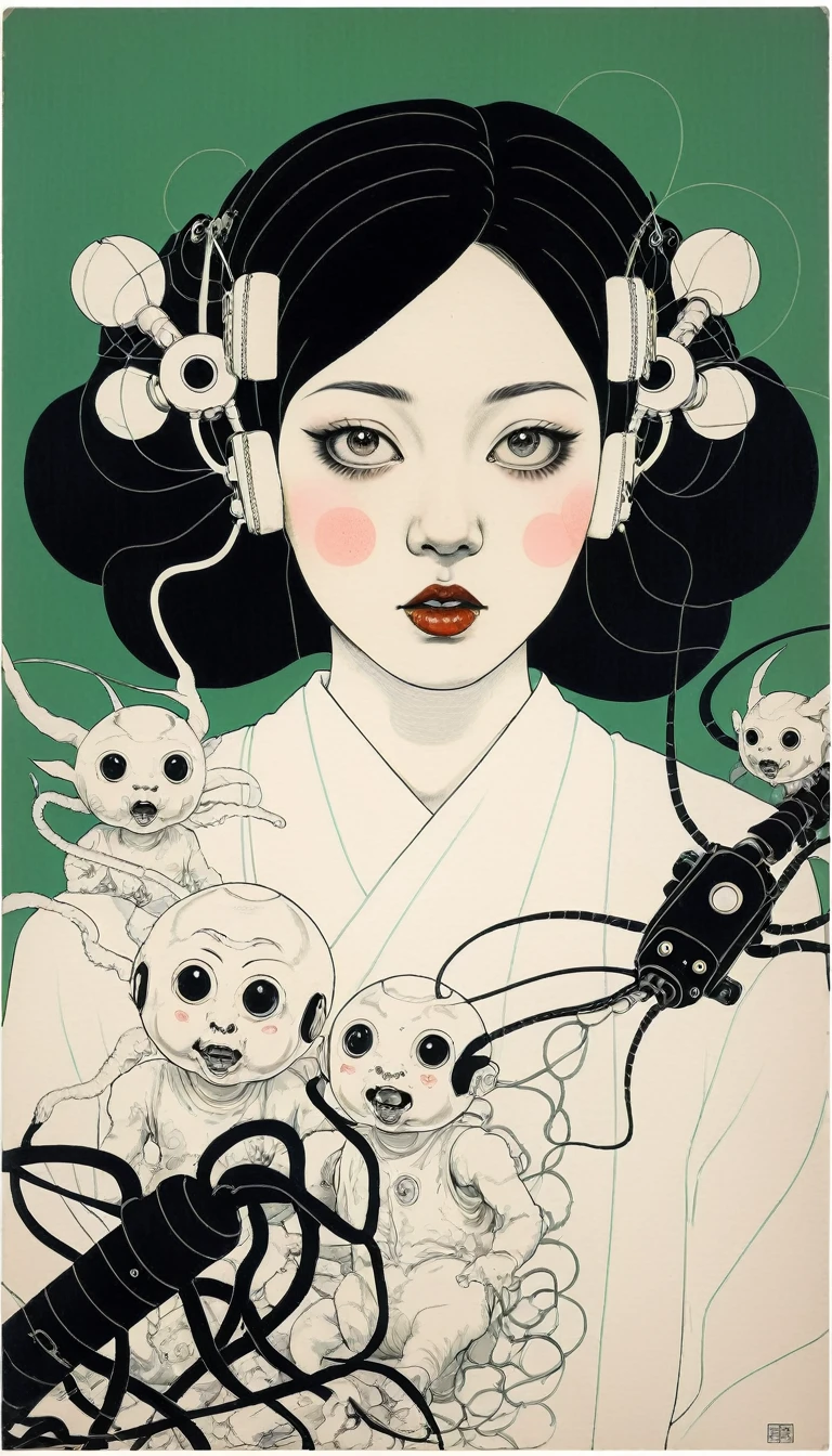 一位美丽的年轻女子被人形玩具附身的画像, 有机的, 恶魔和日本机械师, 佐伯俊夫风格, 详细而线性的插图.