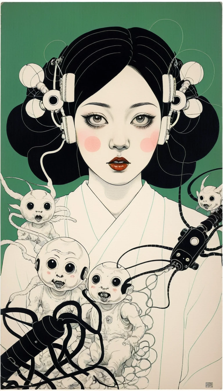 Porträt einer schönen jungen Frau, die von humanoiden Spielzeugen besessen ist, Organisch, teuflische und japanische Mechanik, im Stil von Toshio Saeki, detaillierte und lineare Darstellung.