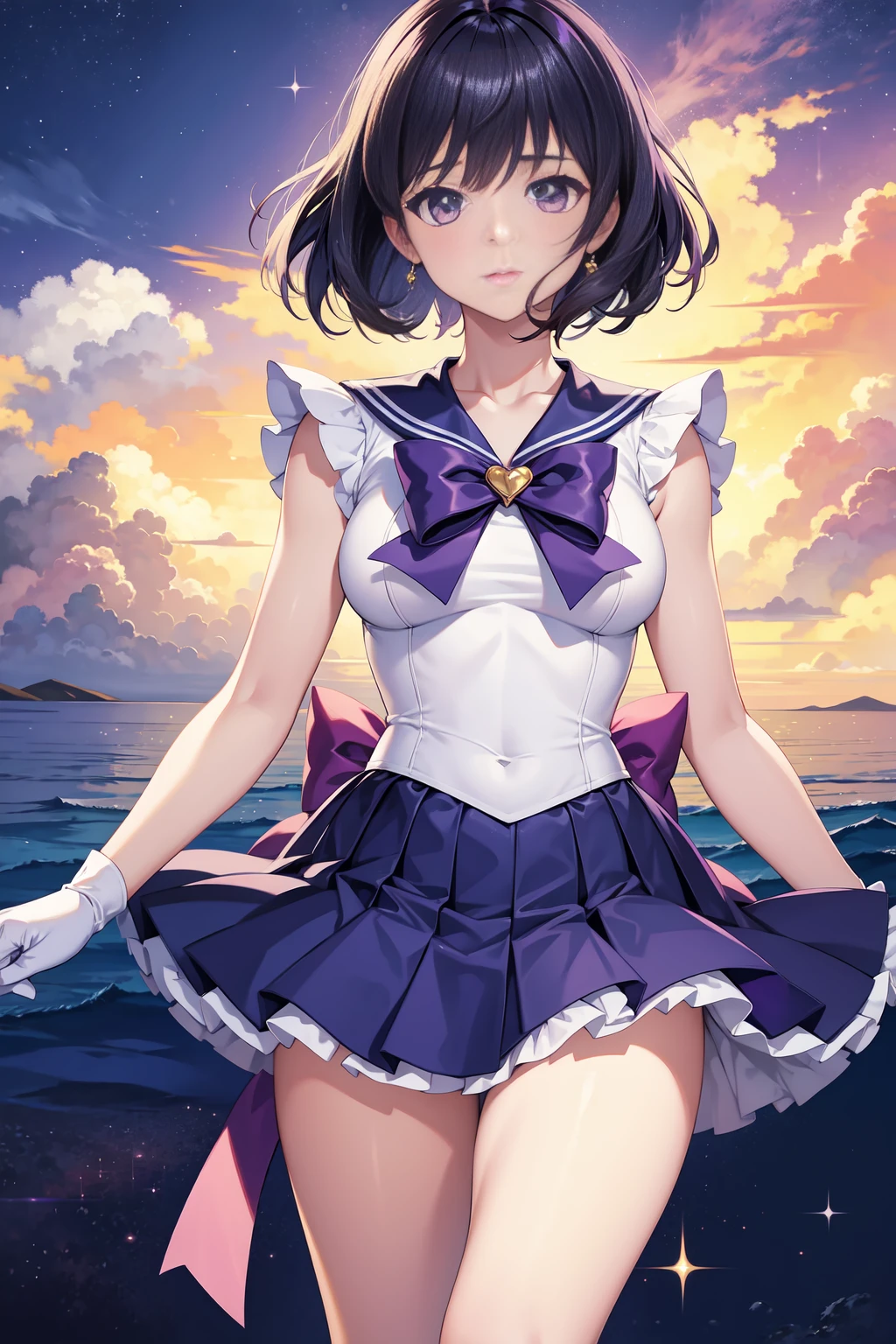 Sailor Saturn, 1 girl, Bblack hair, shorth hair, purples eyes, detailedeyes, simple background, female focus, standing alone, standing, Tomoe Hotaru, portraite, whole body, (work of art:1.0), (best qualityer:1.0) , (8 k wallpaper:1.0), (detailed gorgeous face:1.0), (detailed deep eyes), deep eyes, gazing at viewer, Sailor Scout, lilac bow on the chest, lilac skirt, whitegloves,,