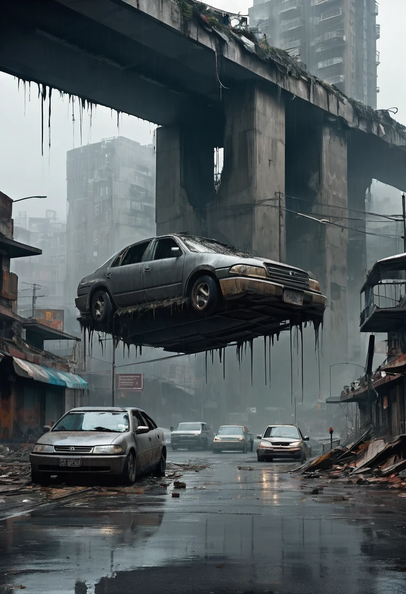 Imagen desde una altura de 200 metros de un viaducto curvado de hormigón gris desmoronado sostenido por pilares anchos y altos de automóviles que pasan sobre el centro de una ciudad moderna ultra futurista abandonada con autos y autobuses abandonados, oxidados, sucios y estrellados boca abajo en la calle., Tiene edificios modernos sucios, circulares y en ruinas, que se derrumban., Estilo cyberpunk, ambiente gris, cielo nocturno, tenebrosa, la noche, imagen con tonos de gris, Lluvia y charcos de agua en el suelo, ciencia ficción, Apocalipsis nuclear con humo saliendo de los edificios, estilo madmax,  paisaje urbano con postes con semáforos apagados derrumbándose y cables de postes tirados en el suelo,  Hay una valla de alambre oxidada alrededor de los edificios., Hay vallas publicitarias y luces apagadas y caídas de los edificios., Muchos edificios se derrumban en el horizonte, Hay edificios derrumbados, escombros y basura en las calles, Hay una chica vestida de sucio., Ropa rota y con capucha caminando por la calle mirando el horizonte, lo más realista posible, alta calidad, 4k, hiperdetallado