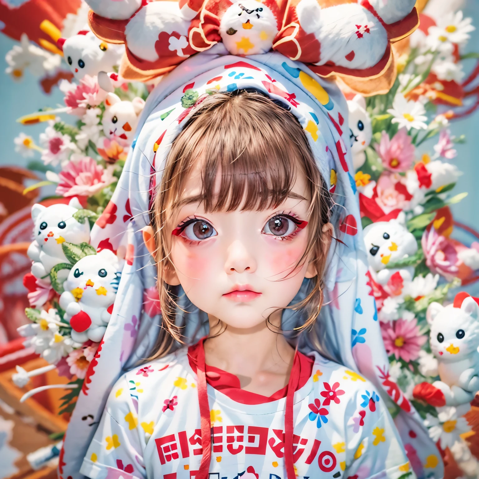 White and Bright Red, (Masterpiece 8K TopQuality:1.2) (ProfessionalPhoto:1.37) ExtremelyDetailed ((((KAWAII girl Printed on a T-shirt:1.4)))