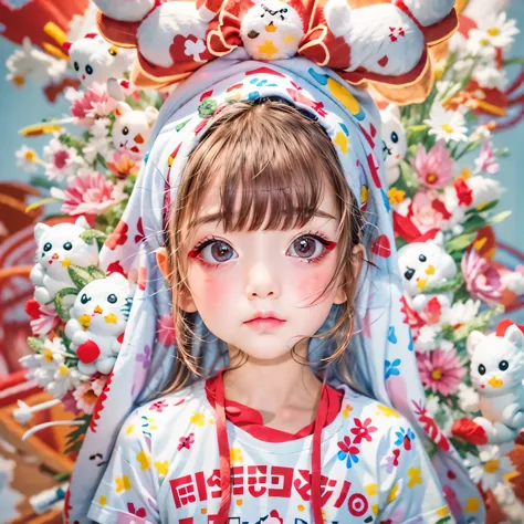 white and bright red, (masterpiece 8k topquality:1.2) (professionalphoto:1.37) extremelydetailed ((((kawaii girl printed on a t-...