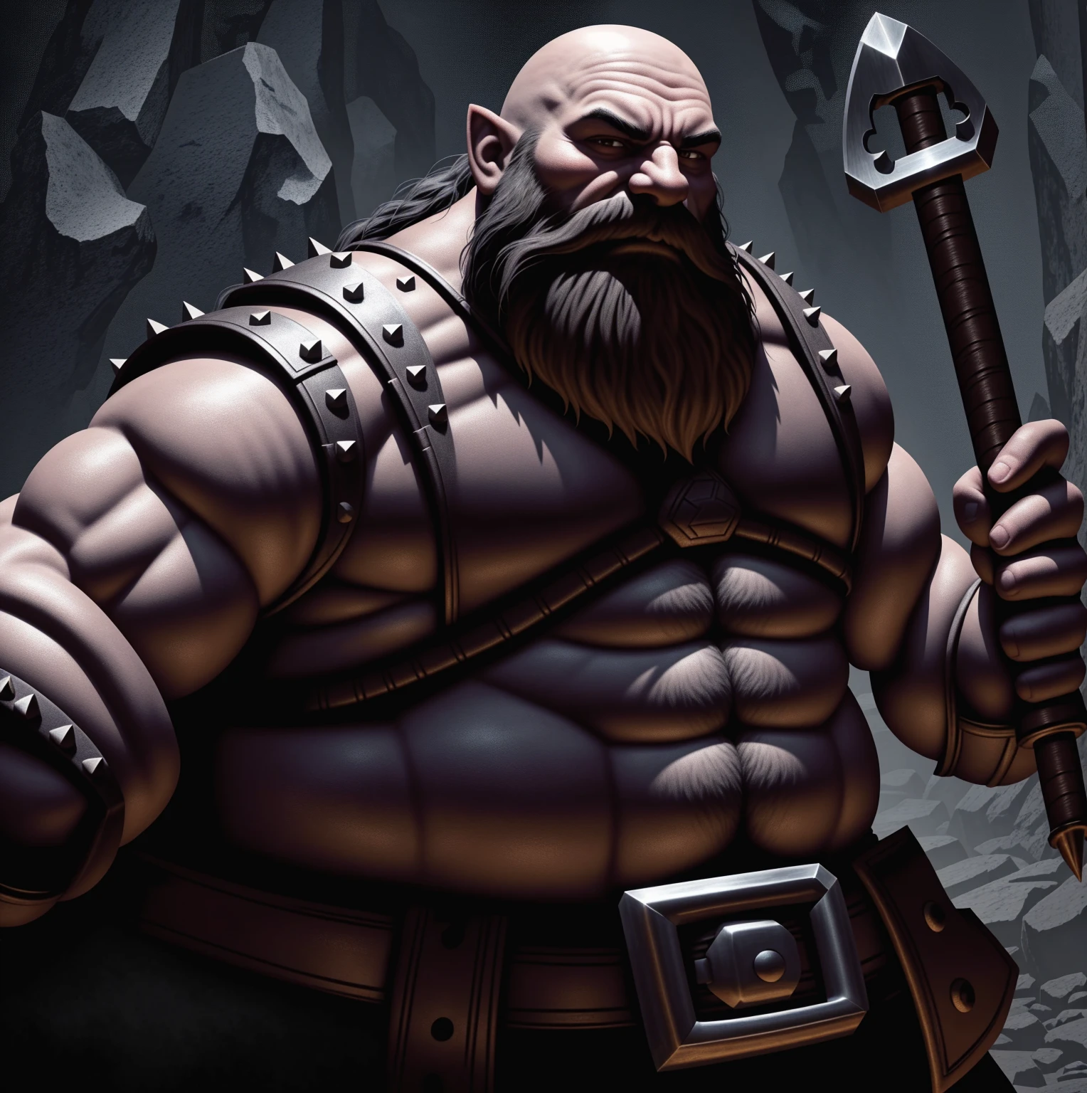 a very strong fantasy dwarf, sooty skin, long and thick beard and mustache, bald, very stout, steely eyes, ugly face, very muscular, wearing sleeveless leather armor, armor spikes, gruff expression, holding a large maul hammer, wearing a tool belt, in a dark cave illuminated by a lantern, piercing gaze,