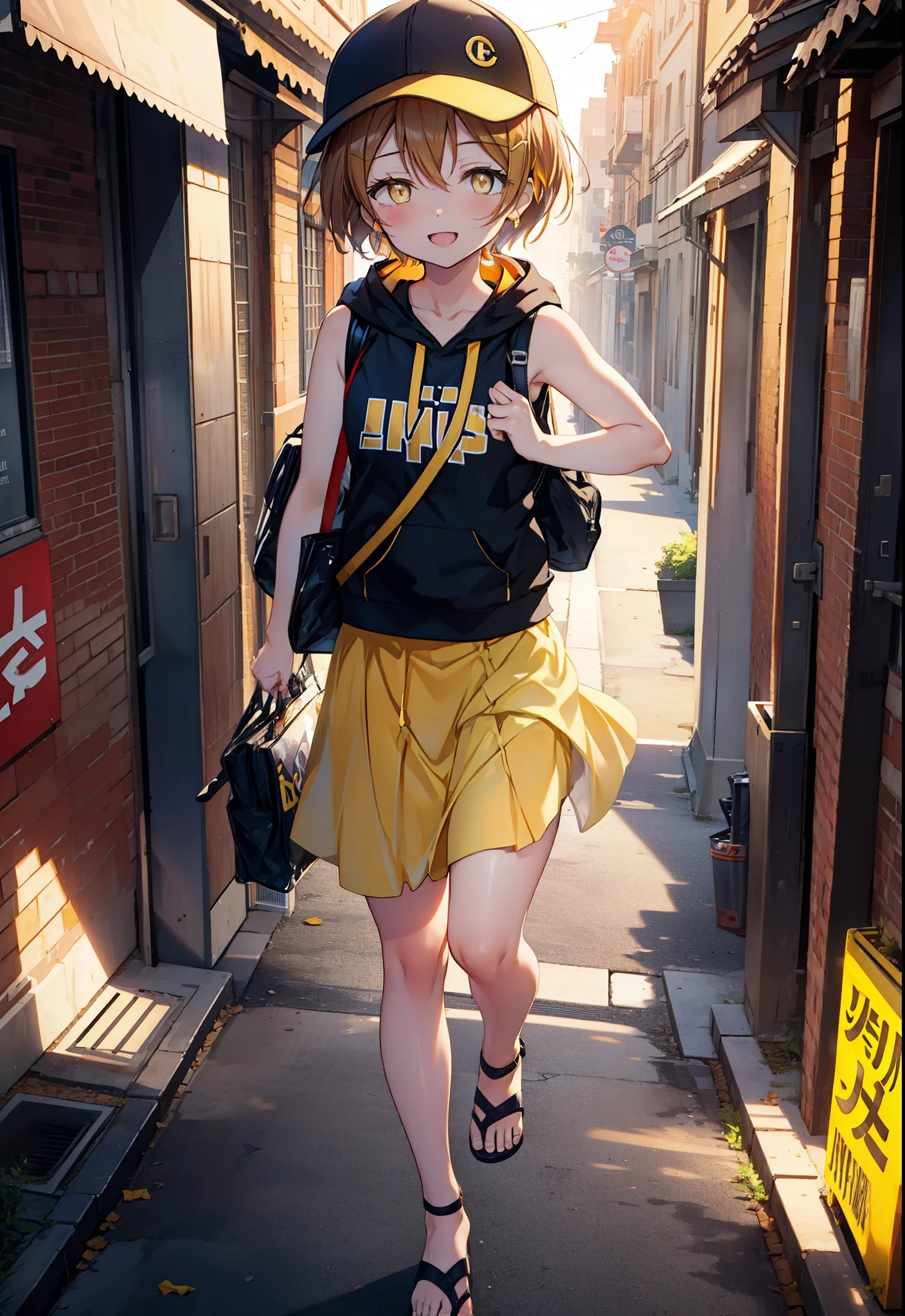 Rin Hoshizora (Yellow Eyes:1.5), Hair between the eyes, Brown Hair,Short Hair,blush,happy smile, smile, Open your mouth,Baseball hats,Sleeveless hoodie,Bare arms,Long skirt,Cute Sandals,Daytime,Clear skies,Walking,whole bodyがイラストに入るように, 　　　　　　　　　　　break looking at viewer, whole body 　　　　　　　　break outdoors, Building district, 　　　　　　　　　　　break (masterpiece:1.2), Highest quality, High resolution, unity 8k wallpaper, (figure:0.8), (Beautiful attention to detail:1.6), Highly detailed face, Perfect lighting, Highly detailed CG, (Perfect hands, Perfect Anatomy),