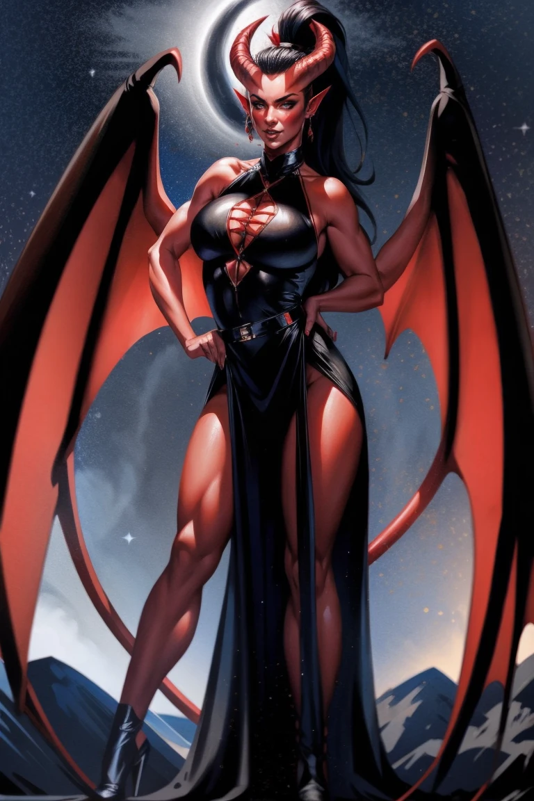 Red skin succubus tiefling, medium breasts, black horns, wings, huge tail, black leather, long flowing pelvic curtain, tall, athletic, graceful, thin, long black ponytail. Glamour shot. Dark romantic scene, night sky.