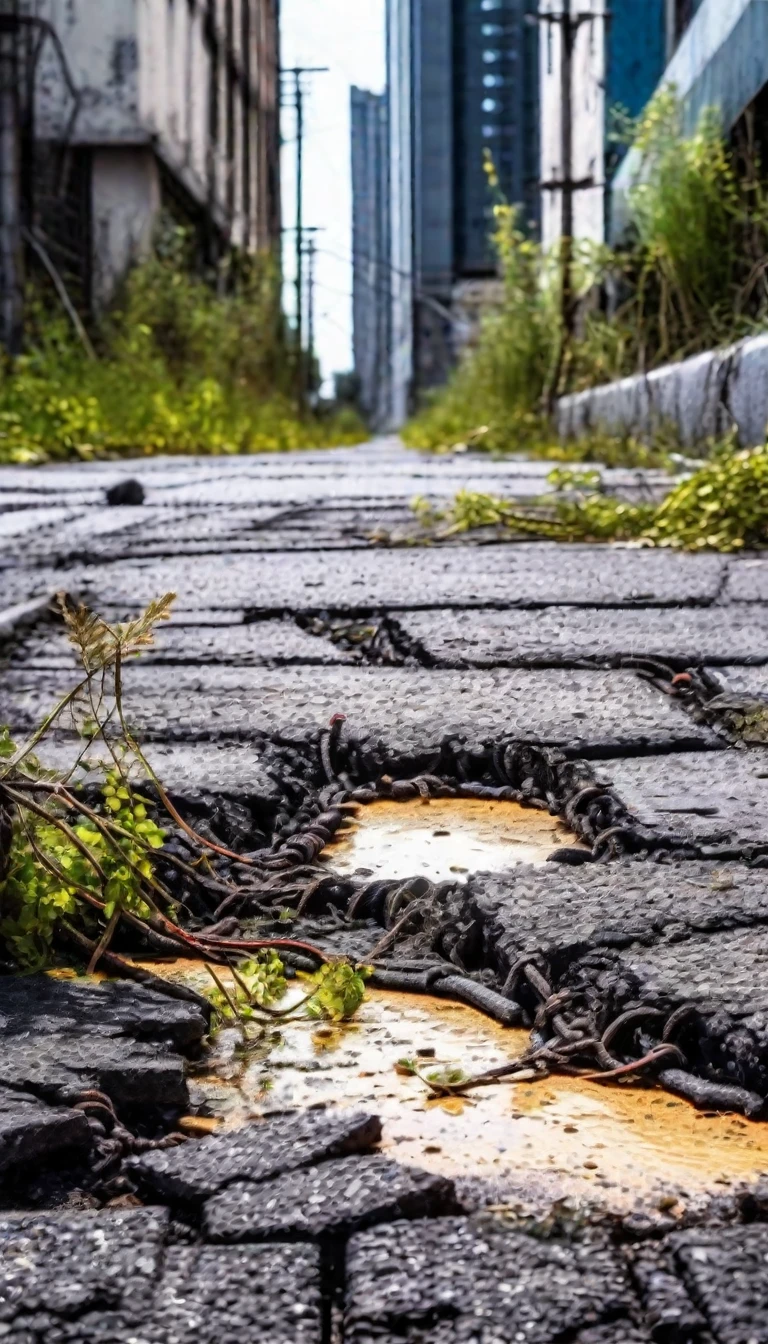 ville blessée après l&#39;apocalypse , la photographie, détail d&#39;asphalte, la végétation revendique la ville, cordon de trottoir. différents points de vue