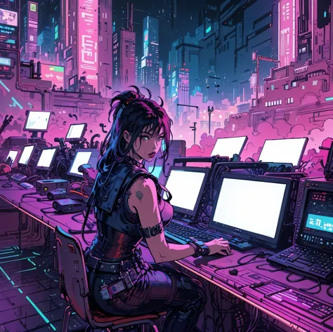 there is a woman sitting at a desk with a laptop computer, cyberpunk art style, cyberpunk artstyle, advanced digital cyberpunk a...