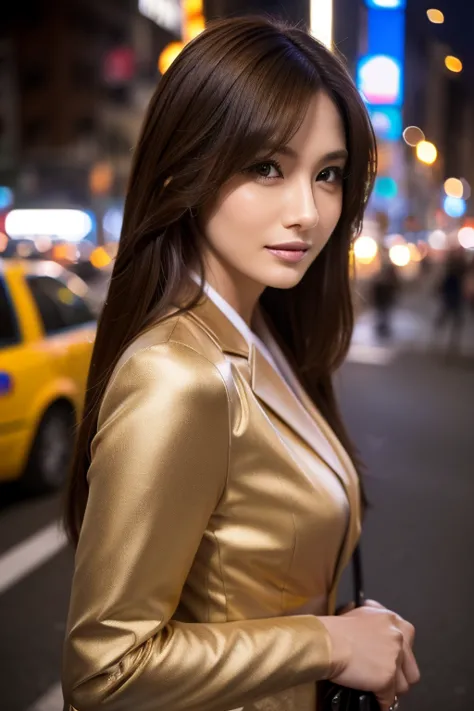 a woman hailing a taxi on the street:1.5,  business suit, dynamic, cinematic photos,(ultra realistic, high resolution), (highly ...