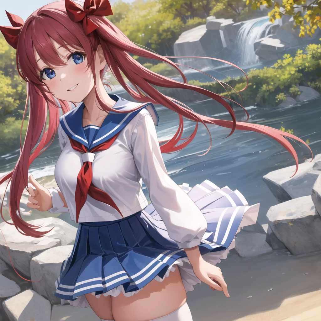 masterpiece, Highest quality, High resolution, One girl, Anodoka, Twin tails, Hair Ribbon, Large Breasts, , Seraphim, Blue sailor collar, Red neckerchief, White shirt, Long sleeve, Blue Skirt, Pleated skirt, White knee socks, Cowboy Shot, Are standing, Outdoor, smile, wave hands