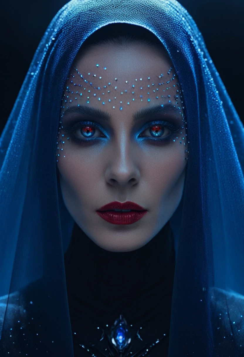 Fashionable portrait oF androgynous alien looking witch wearing veil, yeux brillants, Futuristic design, détails minimes, Givenchy, photoréaliste, 200mm, HD, F/ 2.0, très détaillé, surréaliste , raide mort, in the style oF red and blue, (détails complexes, hyperdétaillé:1.15) (Texture de la peau:1.2), Cinématique, proFessional, 4k,
