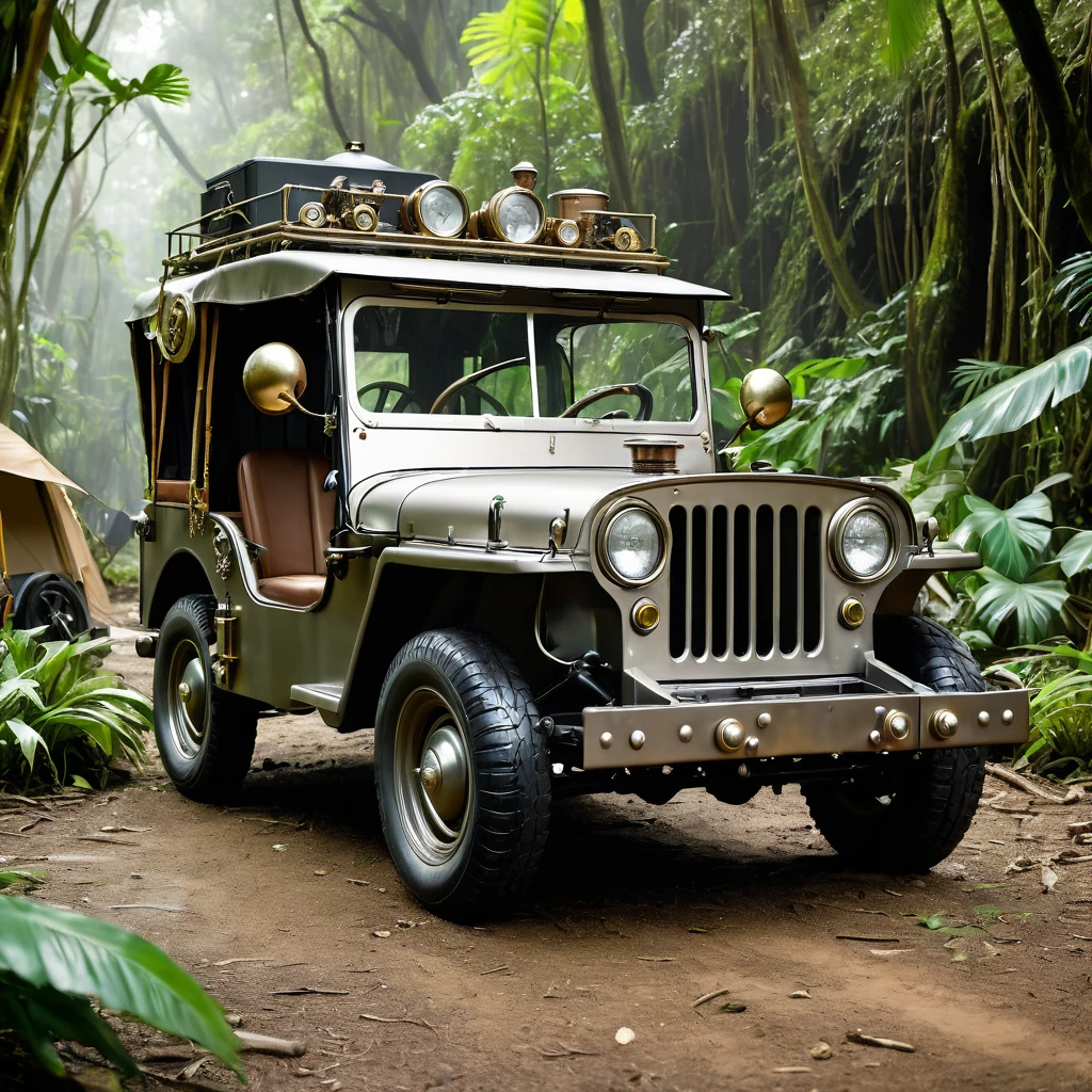 Laurel & Hardy at Camp site, jungle road trip. parked open Steampunk Jeep with futuristic elements. High detailed. Smooth. Very sharp focus. Bathing in light