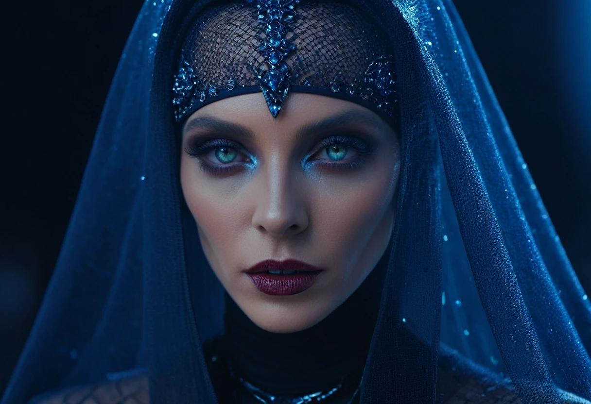 Fashionable portrait of androgynous alien looking witch wearing veil, glowing eyes, futuristic design, minimal details, givenchy, photoreal, 200mm, hd, f/ 2.0, highly detailed, surreal , drop dead, in the style of red and blue, (intricate details, hyperdetailed:1.15) (skin texture:1.2), cinematic, professional, 4k,