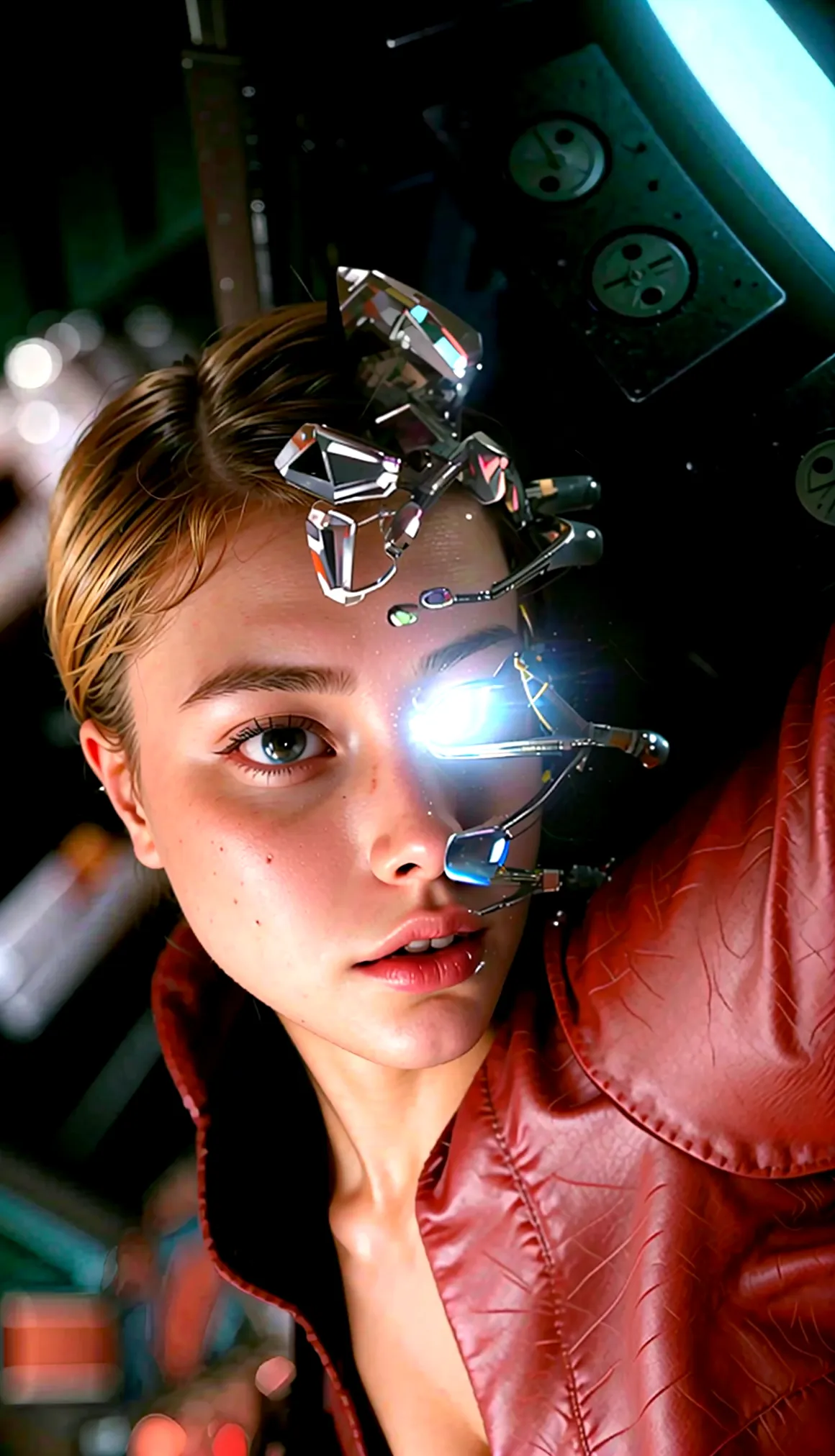 Arafed woman in a red leather jacket holding a metal object., Movie still of a cyborg., Movie still of a cyborg genial., movie still of a cyborg villain, cyborg movie frame, Movie still of a cyborg alienígena., Cyborg - girl, crystal cyborg, chica cyborg, ...