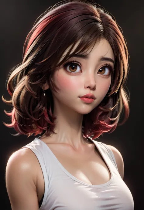 best quality, real caricatur_portrait, 1girl, solo, looking at viewer, updo long hair, simple background, brown hair, black eyes...