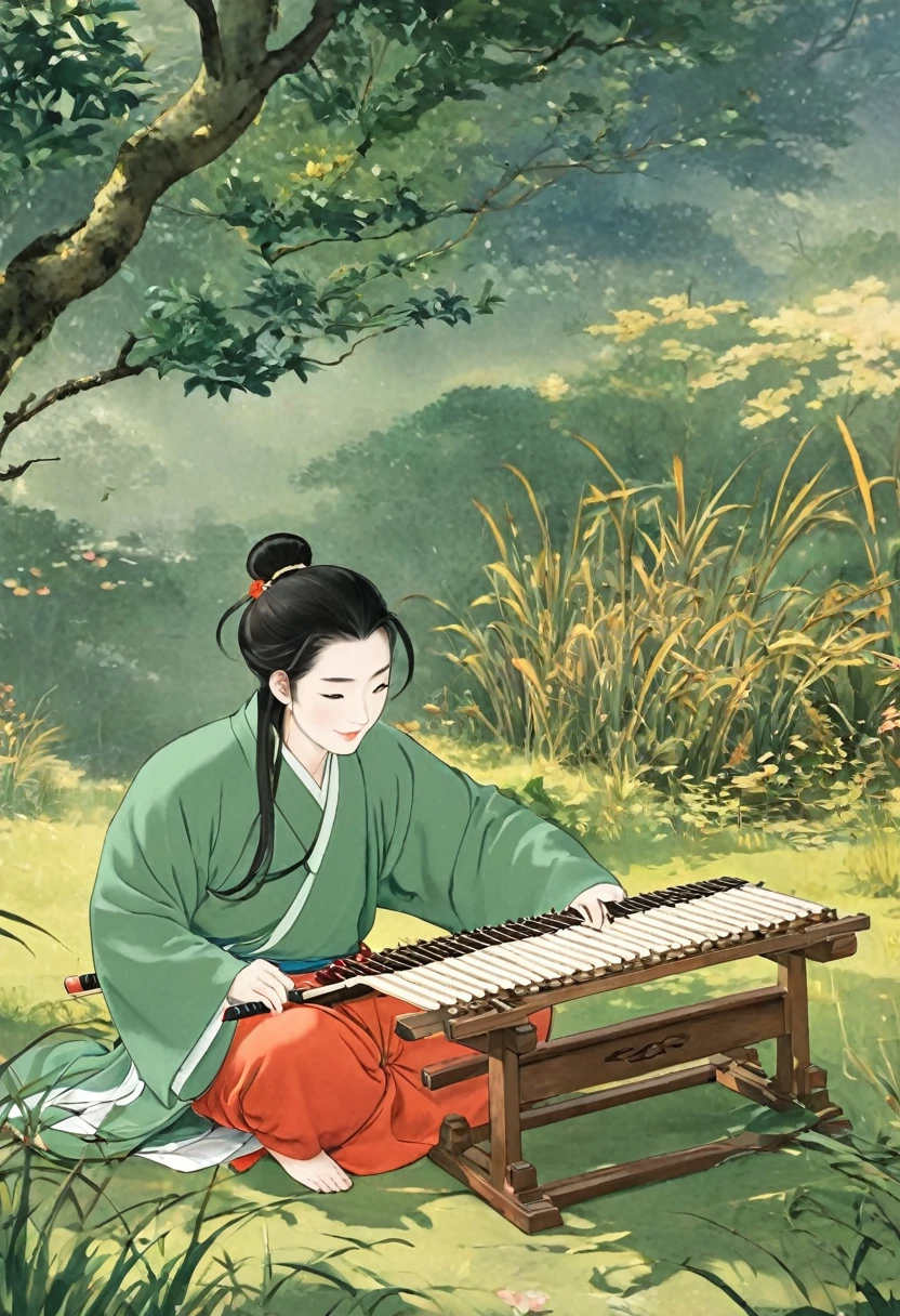 Cartoon illustration,The man sitting,Play the Chinese Guqin, cartoon still, cartoon, Inspired by Wu Daozi, Animation Scene, inspired by Ding Guanpeng, inspired by Cao Zhibai, Beautiful images, Chiba Yudai, by Qu Leilei, Cartoon illustration, Inspired by Zhao Yuan