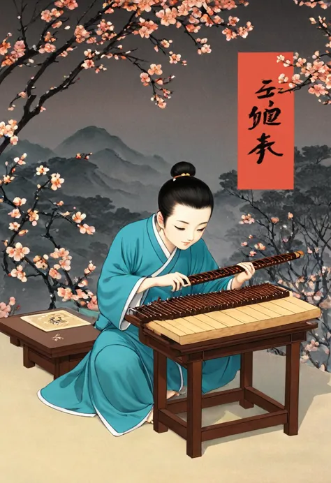 cartoon illustration,the man sitting,play the chinese guqin, cartoon still, cartoon, inspired by wu daozi, animation scene, insp...