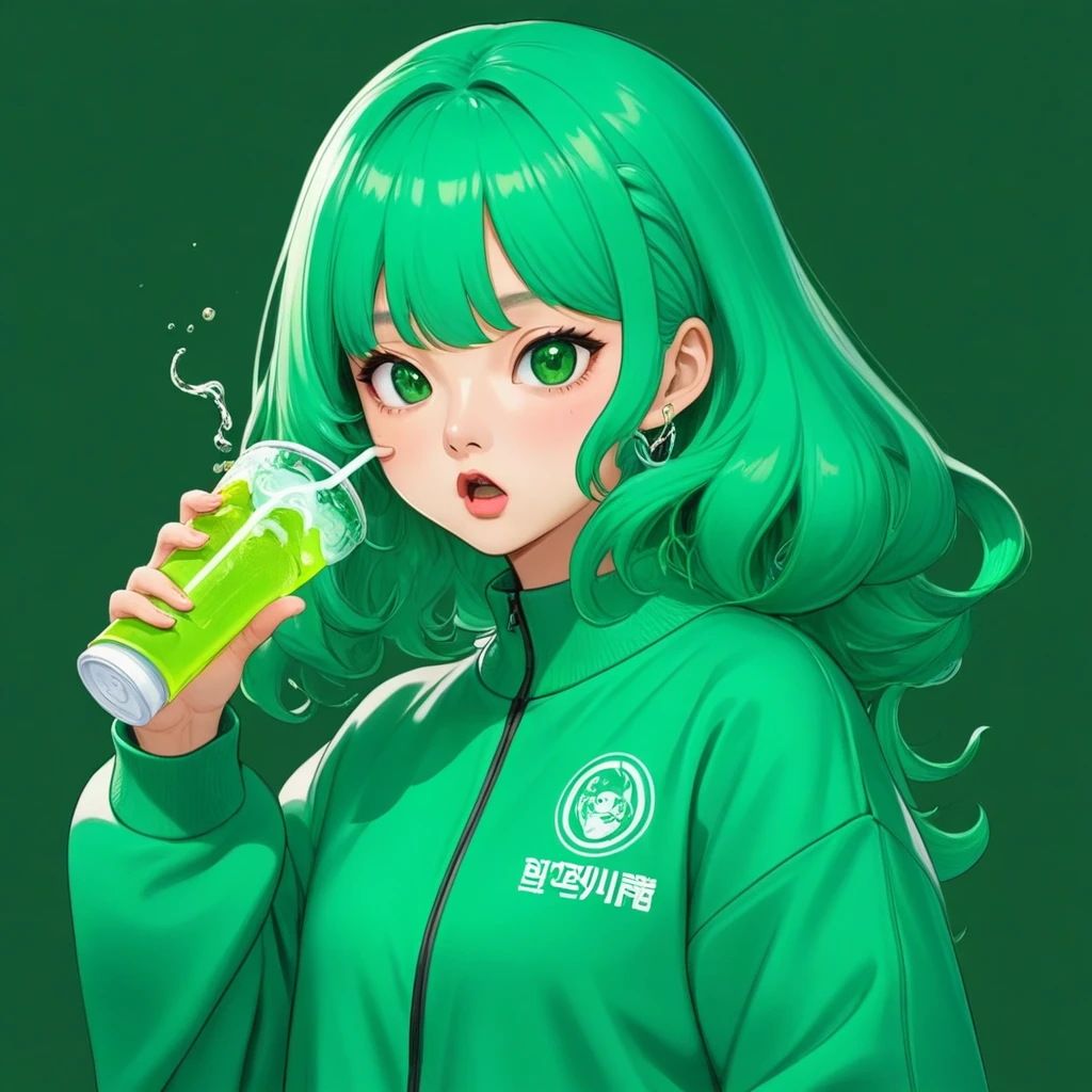 Kang Sae-byeok, Squid Game, Jung Ho-yeo,drinking soda, wearing a green squidgame tracksuit, simple background, evil expression, shes an amoral thief, finger guns
