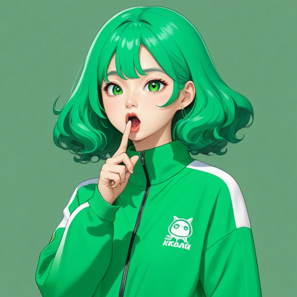 Kang Sae-byeok, Squid Game, Jung Ho-yeo,drinking soda, wearing a green squidgame tracksuit, simple background, evil expression, shes an amoral thief, finger guns
