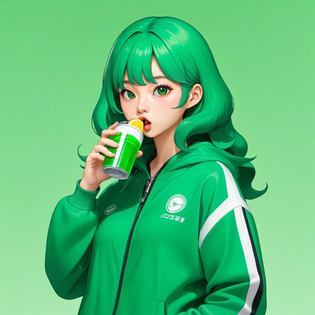 Kang Sae-byeok, Squid Game, Jung Ho-yeo,drinking soda, wearing a green squidgame tracksuit, simple background, evil expression, shes an amoral thief, finger guns
