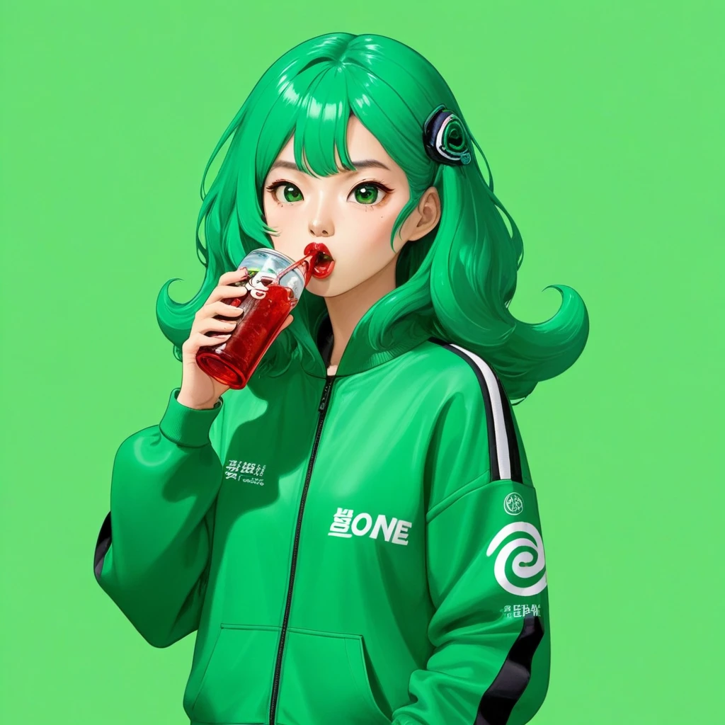 Kang Sae-byeok, Squid Game, Jung Ho-yeo,drinking soda, wearing a green squidgame tracksuit, simple background, evil expression, shes an amoral thief, finger guns
