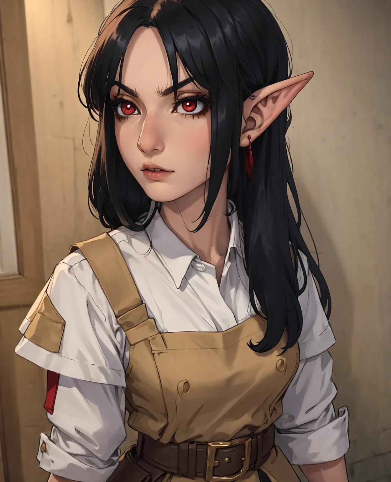 a kid young elf girl with black hair, red eyes, and elf ears, wearing clothes made of wheat, highly detailed, beautiful face, photorealistic, 8k, dramatic lighting, fantasy style, warm color tones