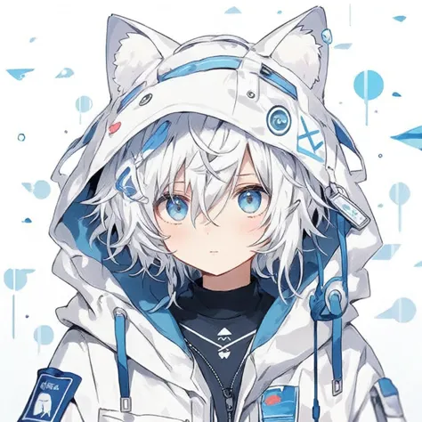 anime, A young woman with white hair and blue eyes wears a white jacket., tall anime guy with blue eyes, anime boy, anime girl w...
