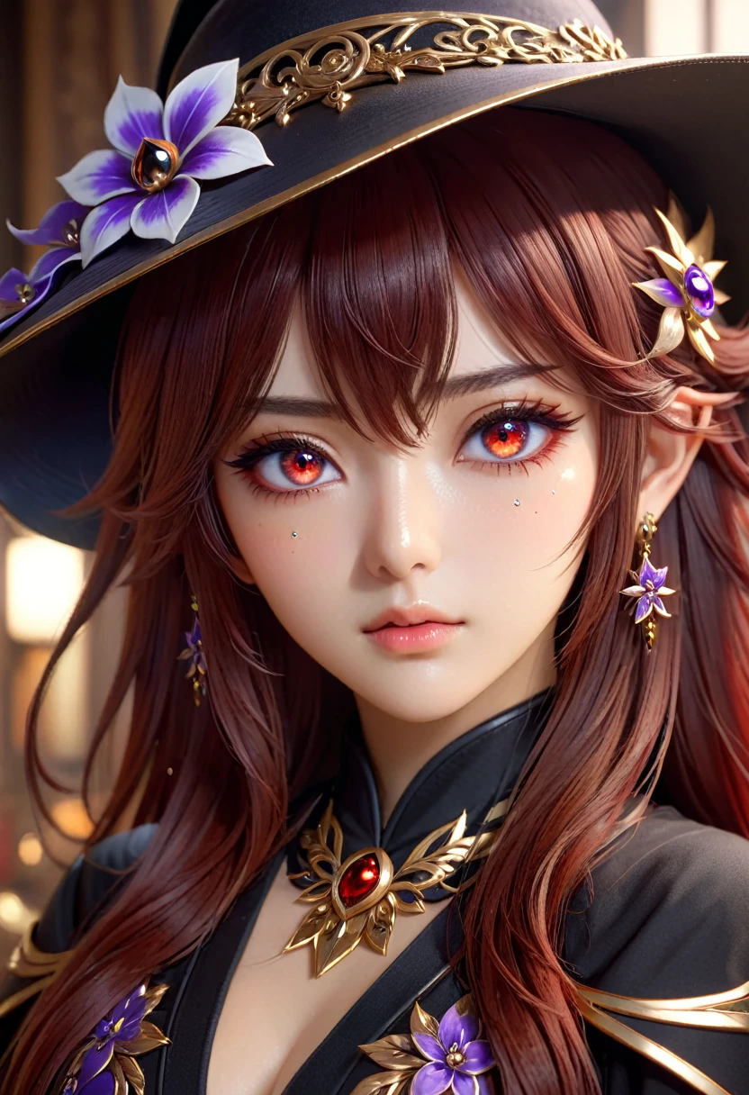 face, closeup, closeup shot, shiny hair, shiny clothes, shiny, extremely detailed eyes, extreme details, realistic, cinematic, detailed, masterpiece, 4k, 8k, , PunkAI,, FantasyAI_Burple,, indoors, hu tao (genshin impact), genshin impact, hat, symbol-shaped pupils, red eyes, brown hair, star-shaped pupils, flower-shaped pupils, bangs, black nails, black headwear 