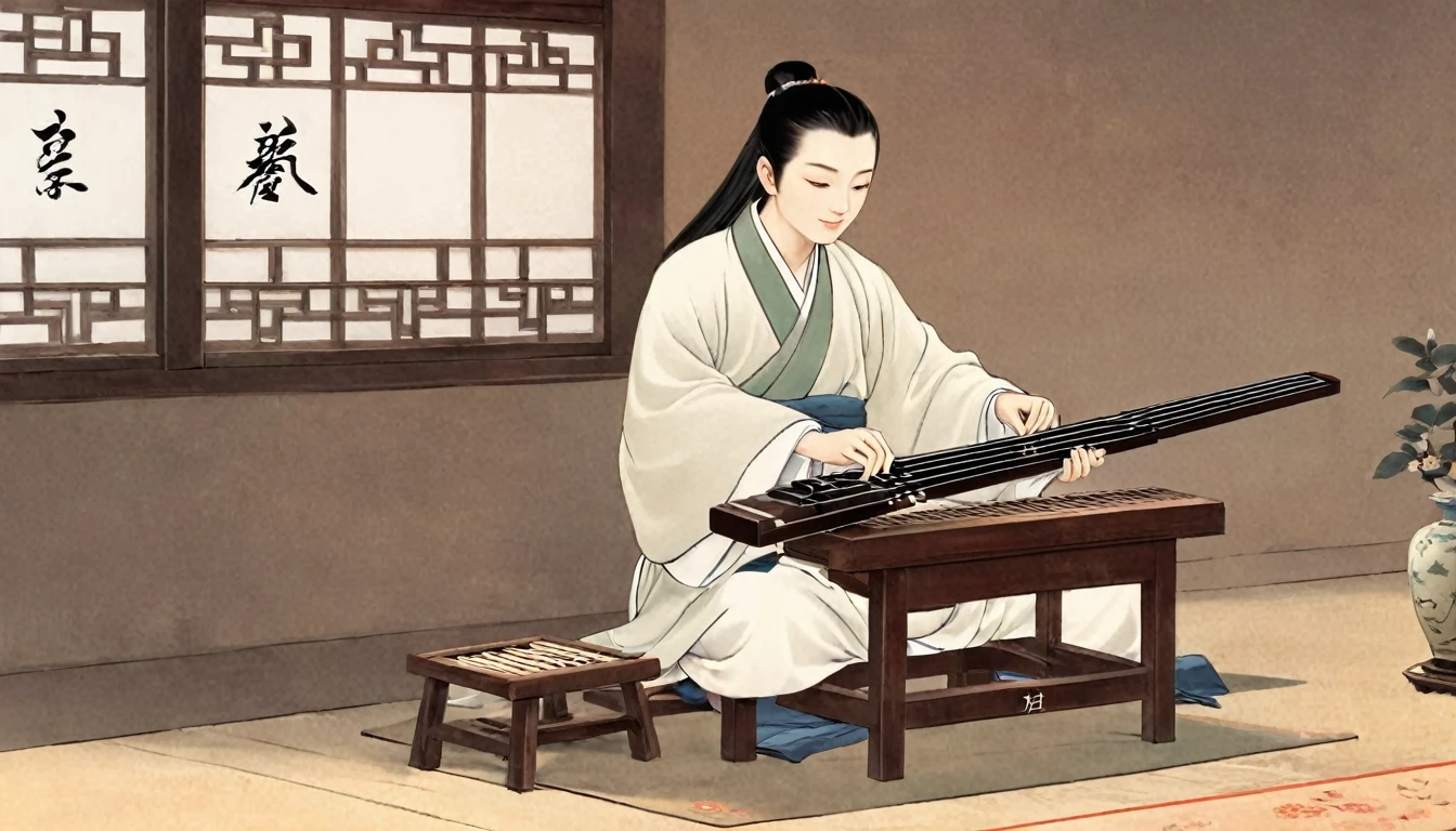 Cartoon illustration,The man sitting,Play the Chinese Guqin, cartoon still, cartoon, Inspired by Wu Daozi, Animation Scene, inspired by Ding Guanpeng, inspired by Cao Zhibai, Beautiful images, Chiba Yudai, by Qu Leilei, Cartoon illustration, Inspired by Zhao Yuan