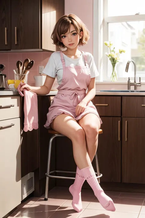 1 woman, messy short hair, sitting on a high chair in a kitchen, lacy pink socks