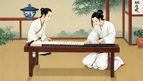 Cartoon illustration,The man sitting,Play the Chinese Guqin, cartoon still, cartoon, Inspired by Wu Daozi, Animation Scene, insp...
