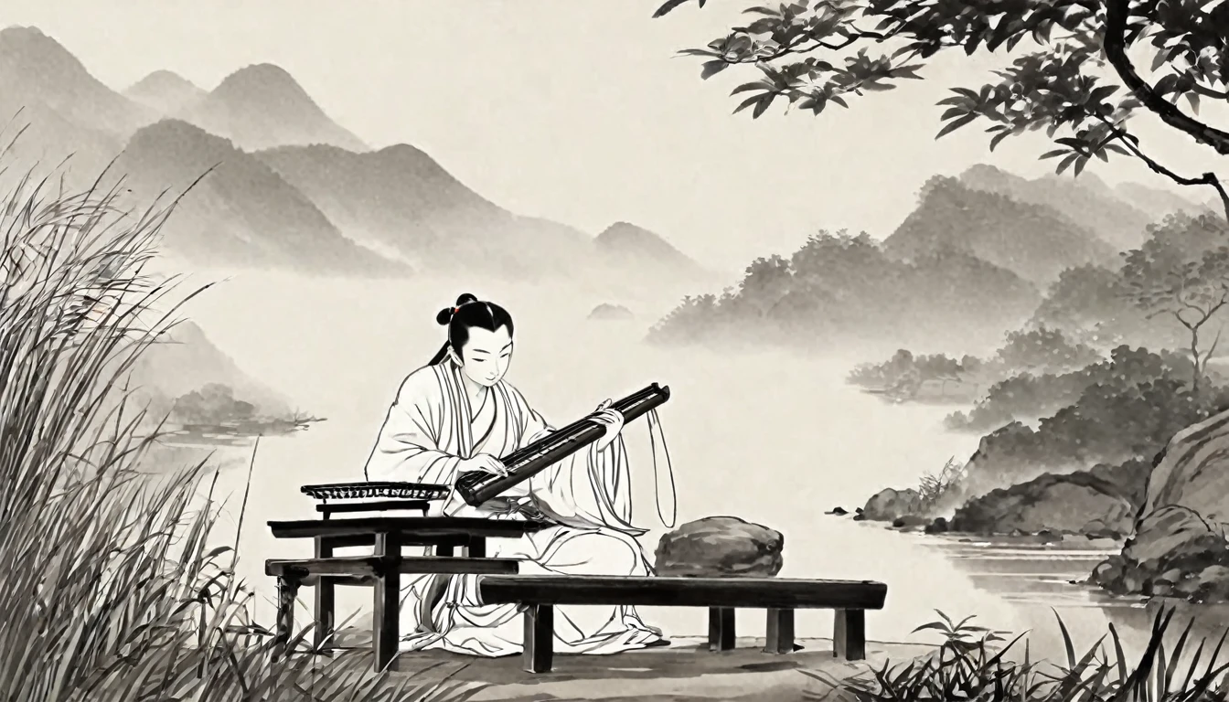 Cartoon illustration,The man sitting,Play the Chinese Guqin, cartoon still, cartoon, Inspired by Wu Daozi, Animation Scene, inspired by Ding Guanpeng, inspired by Cao Zhibai, Beautiful images, Chiba Yudai, by Qu Leilei, Cartoon illustration, Inspired by Zhao Yuan