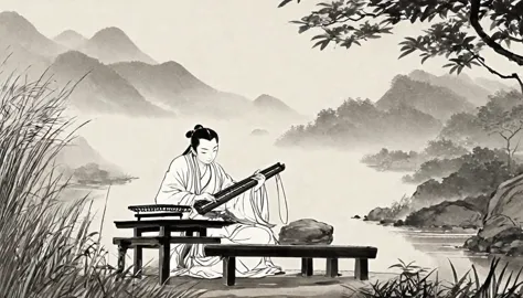 cartoon illustration,the man sitting,play the chinese guqin, cartoon still, cartoon, inspired by wu daozi, animation scene, insp...