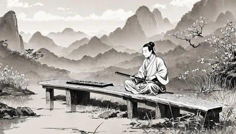 Cartoon illustration,The man sitting,Play the Chinese Guqin, cartoon still, cartoon, Inspired by Wu Daozi, Animation Scene, insp...