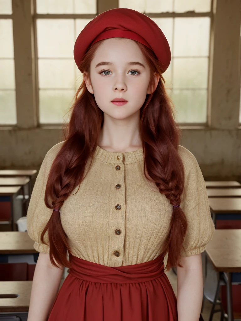 (masterpiece, best quality, cinematic, volumetric lighting, very detailed, high resolution, sharp, sharp image, 4k, 8k, 35 mm, one girl), ((a girl in classroom, she wears long dress and beret, shy, braided red hair, pale skin)), ((slim body, very large bust size for her young age))