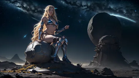 (sublime goddess:1.3) with (long blonde hair) and (blue eyes), in (bikini armor of chaos:1.3), perfect body.  sitting on a rock ...